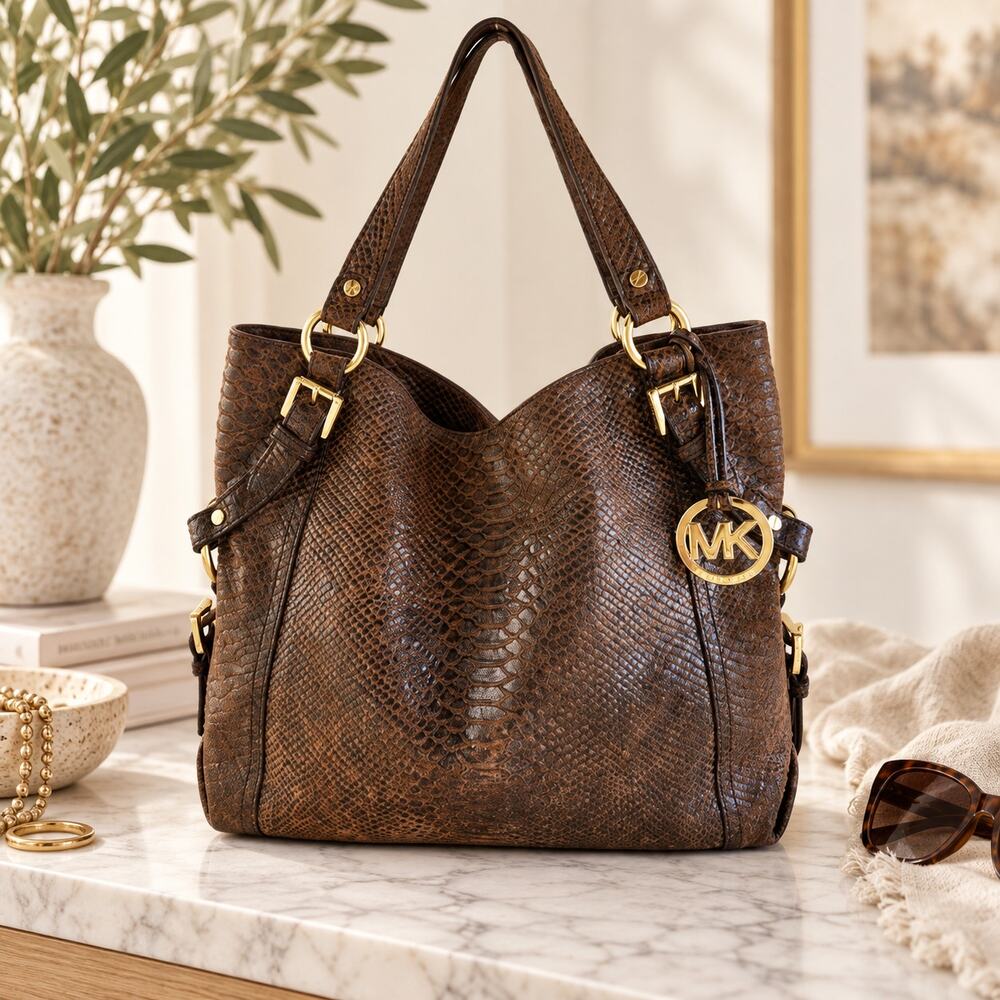 Michael Kors Brown Snake Embossed Leather Hobo Bag Slouchy Boho Designer Purse